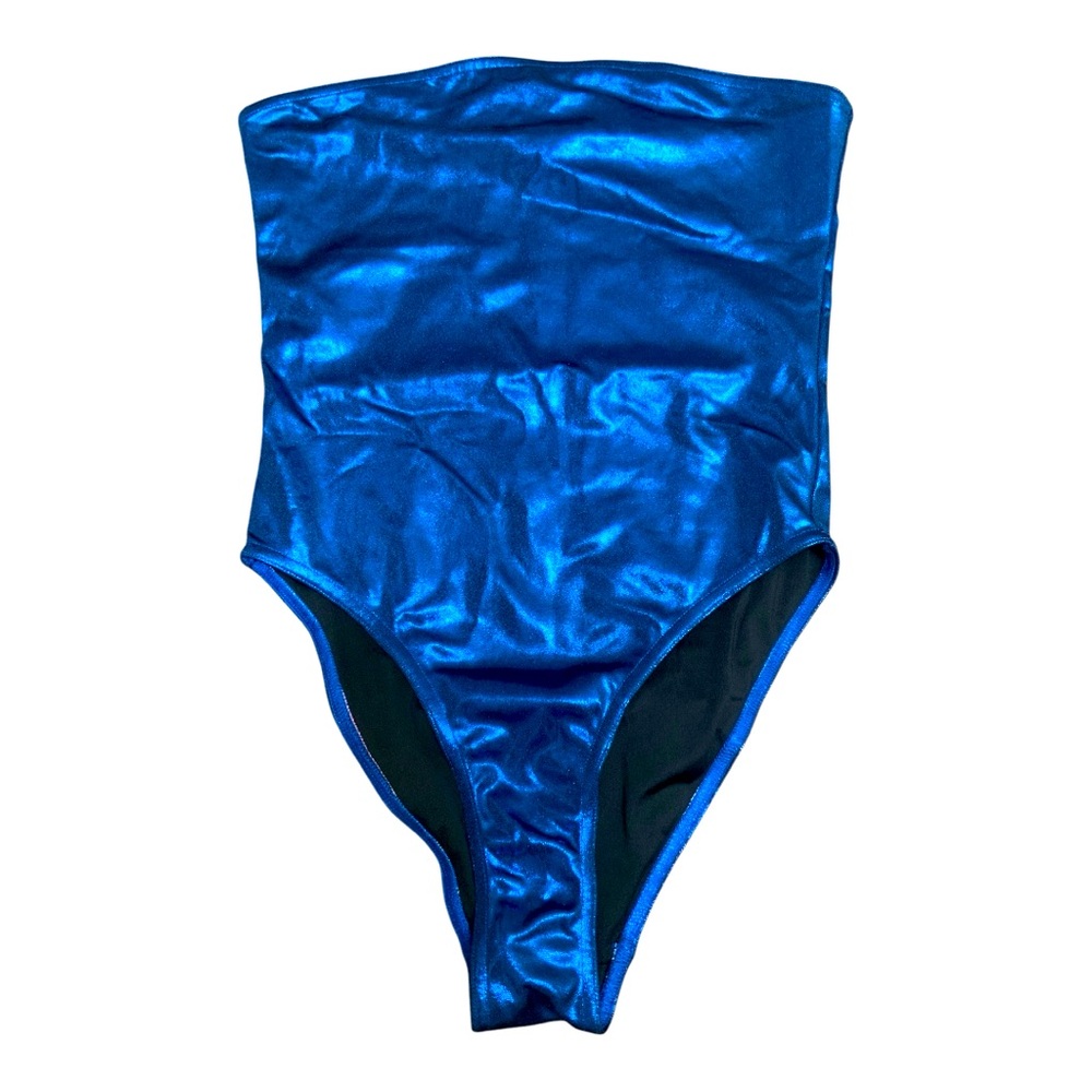 Vintage Y2K Metallic Blue Strapless One Piece Bathing Suit Swim Wear Size Small